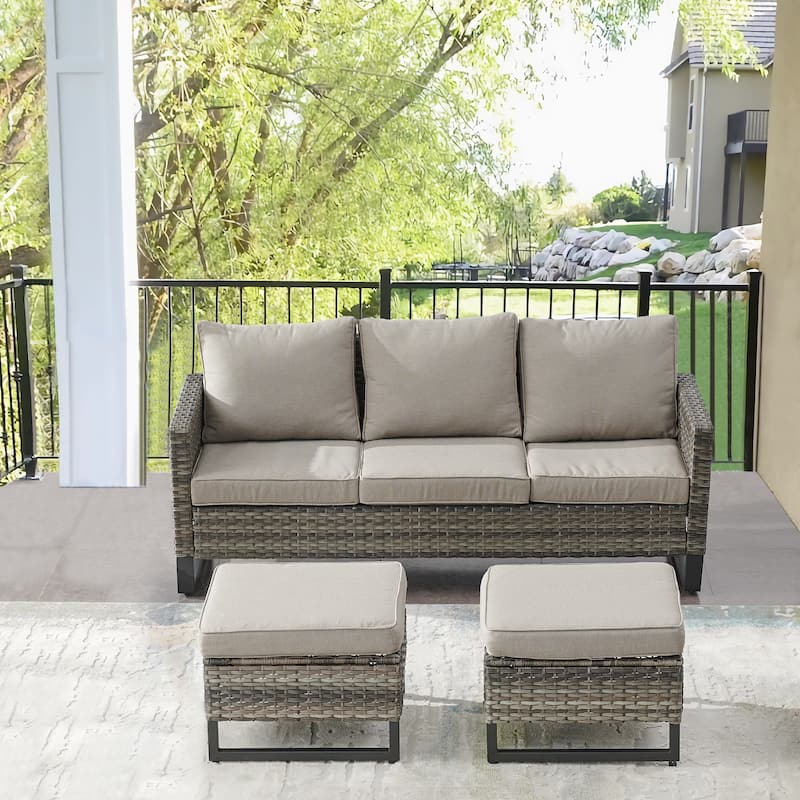 Gymojoy Outdoor Patio Wicker Sofa with Ottomans - Grey - Grey
