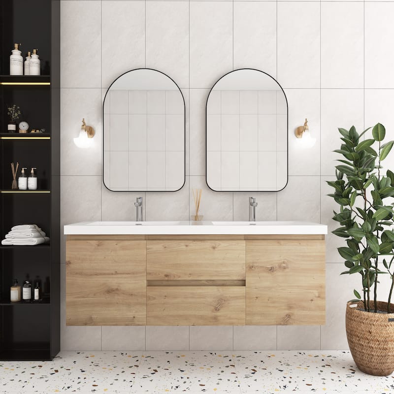 Angela Wall Mounted Bathroom Vanity in F. Oak with White Cultured Marble Top