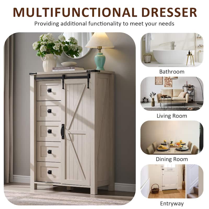Farmhouse 5 Drawers Dresser, Vintage Chest of Drawers with Barn Door