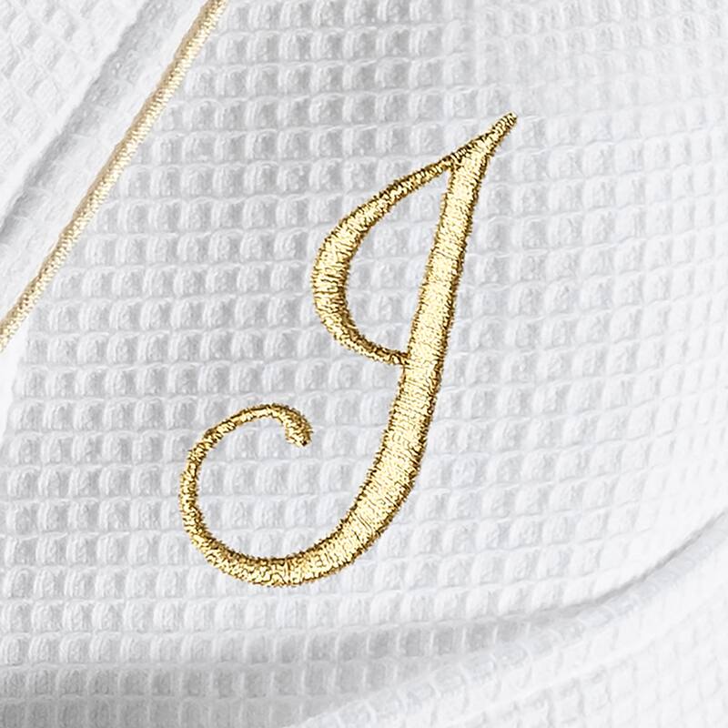 Authentic Hotel and Spa White/Gold Unisex Turkish Cotton Waffle Weave Terry Bath Robe with Gold Script Monogram