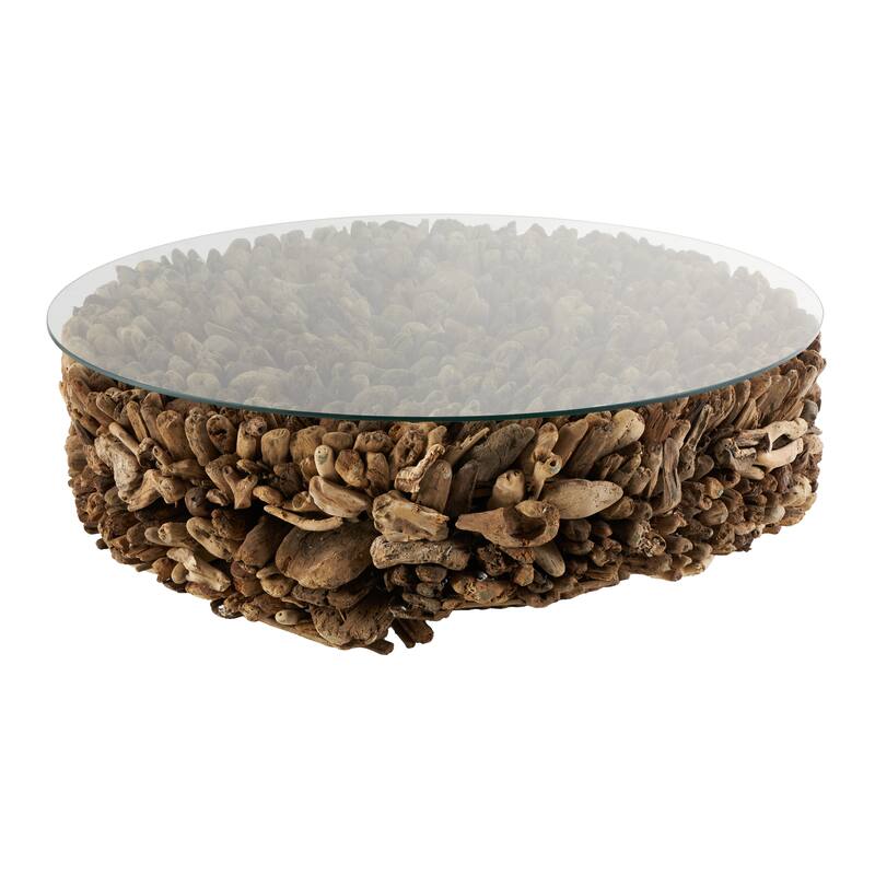 Driftwood Handmade Stacked Collage Coffee Table with Tempered Glass Top and Pedestal Base - Brown - Roche River Decor