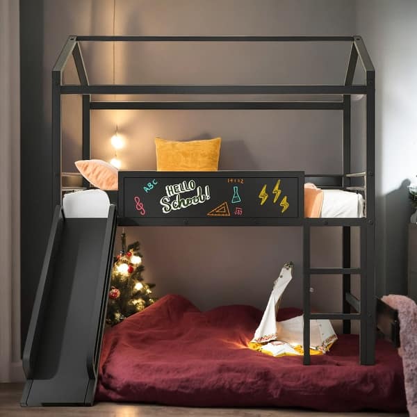 slide 2 of 10, Twin Metal Loft House Bed With Slide & Two-sided writable Board, Black Black