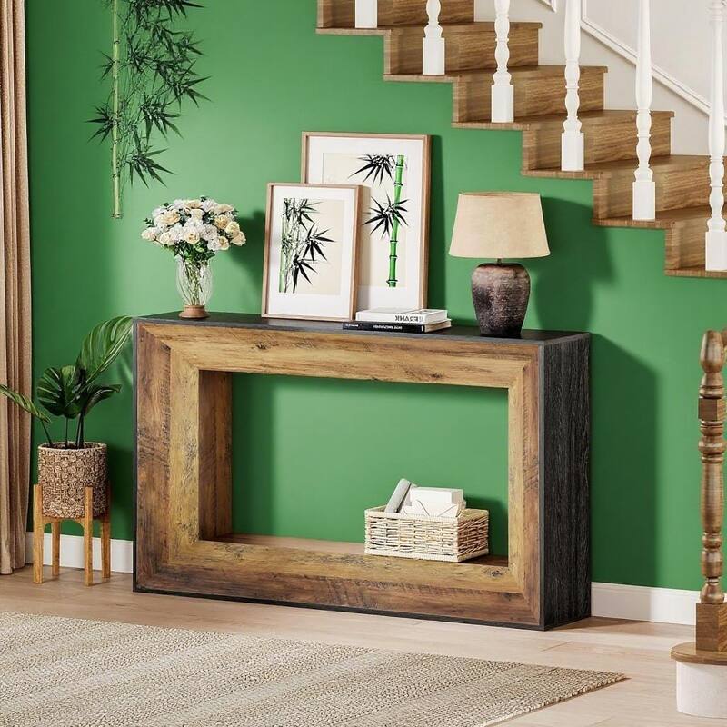 Brown Vintage Style Console Table with Geometric Design MDF Wood Entryway Sofa Hallway Table 55 Inch - 55.12" x 11.81" x 33.46"