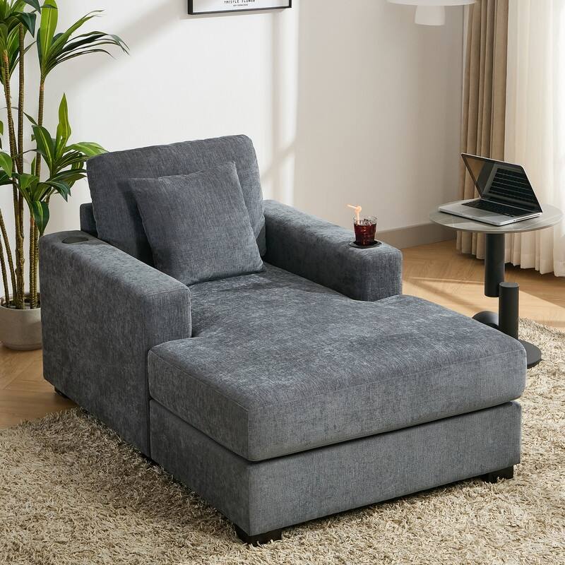 Chenille Fabric Oversized Chaise Lounger, 39.7''/43.5''/55'' Chair Bed Sofa Couch with Pillows, Charge Station & Cup Holders