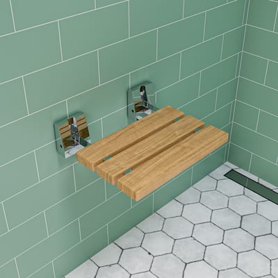 Polished Chrome 16" Folding Teak Wood Shower Seat Bench