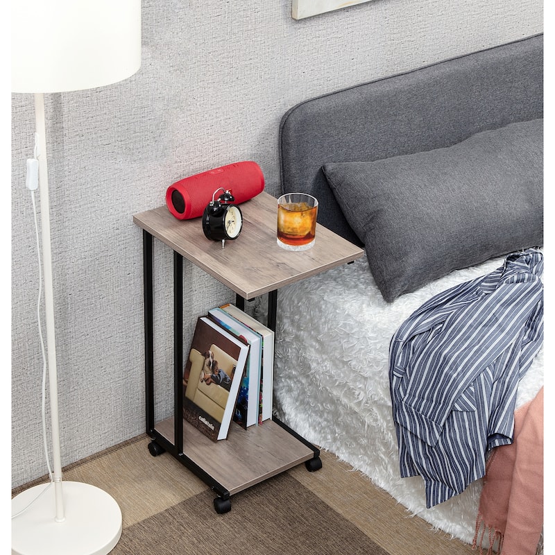 JJS Side End C Table for Sofa, Living Room Couch Table Snack Table That Slide Under for Small Spaces