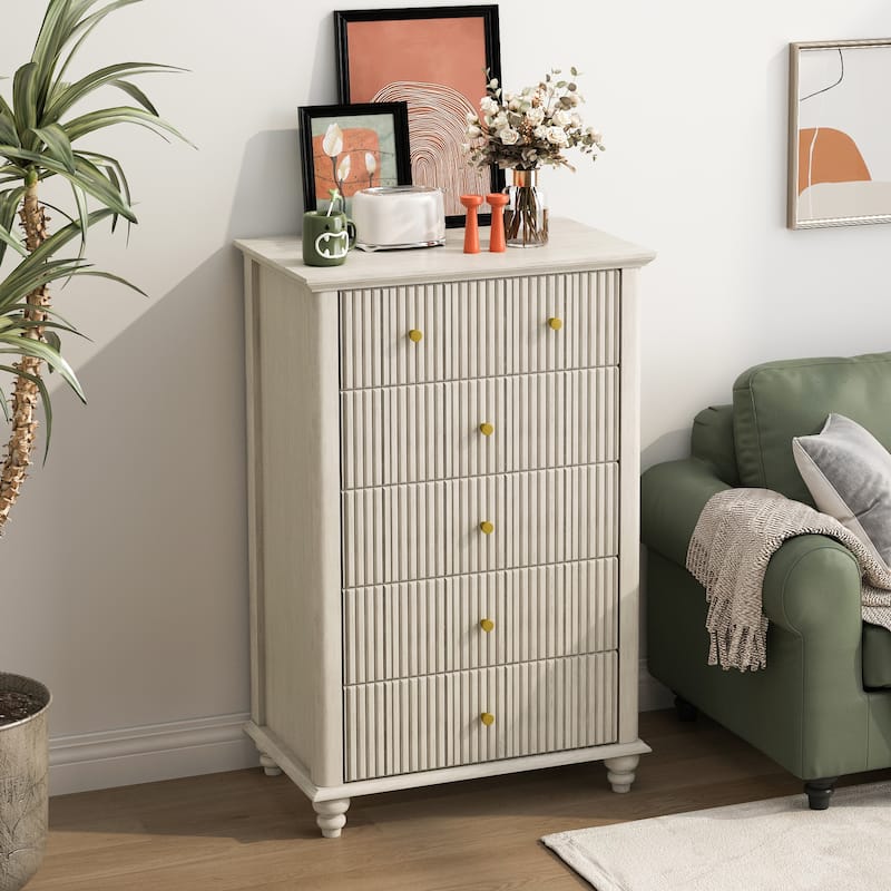 Fluted 5 Drawer Dresser, 45 Inch Tall Modern Chest of Drawers, Bedroom Dresser with Metal Handle, Wooden Drawer Organizer - Beige