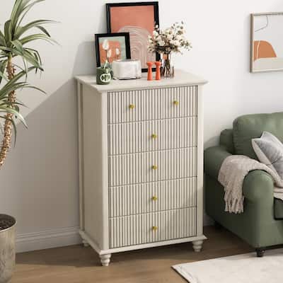 Fluted 5 Drawer Dresser, 45 Inch Tall Modern Chest of Drawers, Bedroom Dresser with Metal Handle, Wooden Drawer Organizer