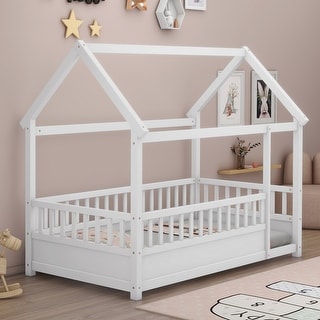 Twin or Full Size House Bed Kids Bed Toddler Floor Bed with Fence