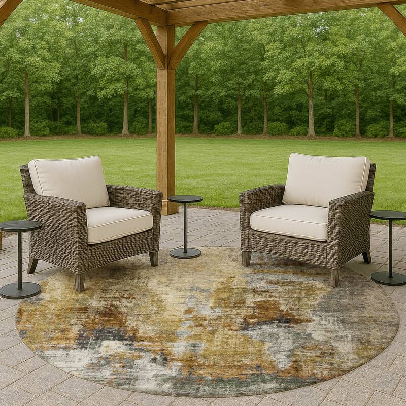 Machine Washable Indoor/ Outdoor Abstact Contemporary Chantille Rug - Khaki - 8' x 8'