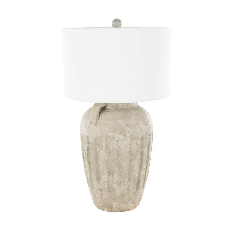 Ceramic Distressed Antique Style Pot Vase Room Table Lamp with Cream Linen Shade - Brown, Black, Cream - Roche River Decor