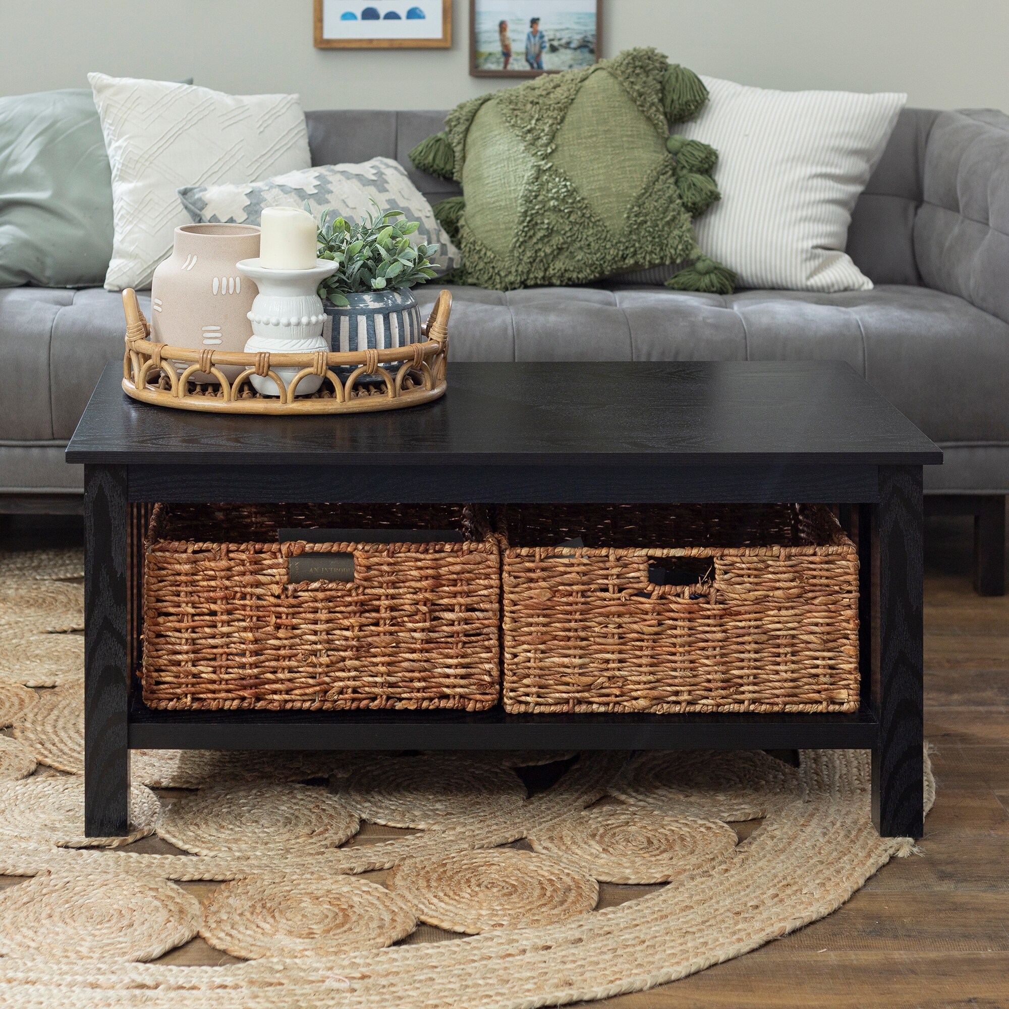 Shop 40 Inch Coffee Table With Wicker Storage Baskets Black