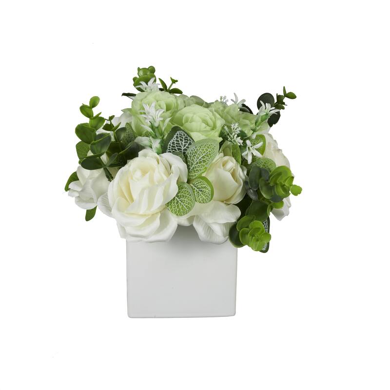 White Fabric Artificial Flower with Green Leaves and Square Ceramic Vase