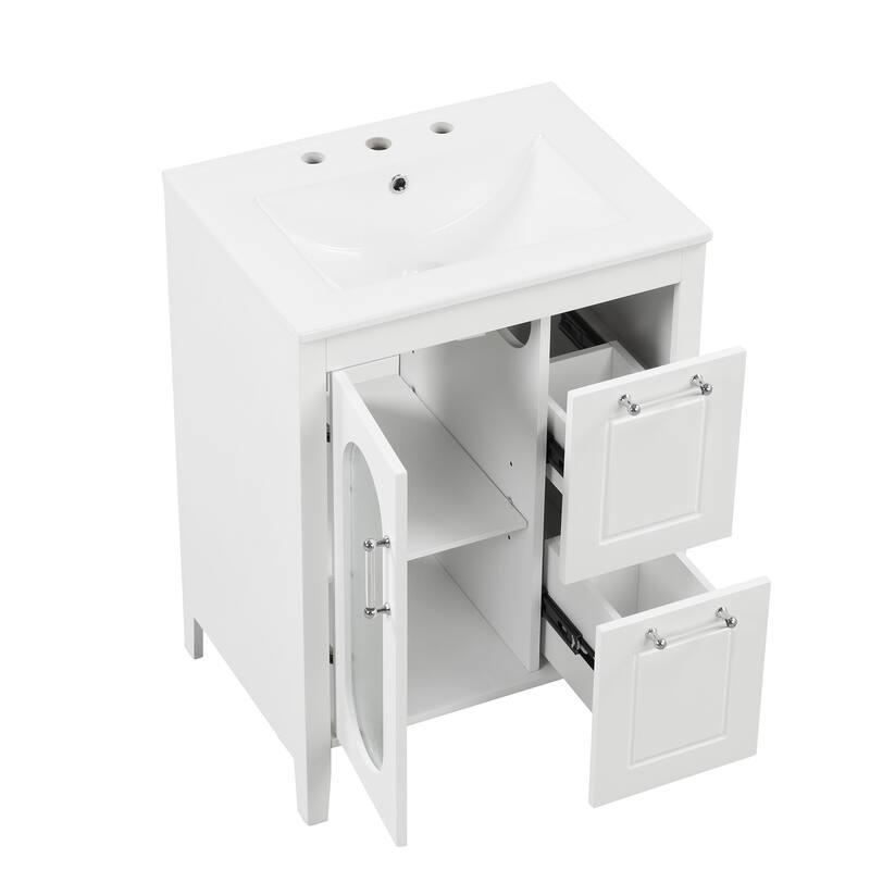 Freestanding Vanity for Bathroom with Ceramic Sink, Glass Cabinet Door, Drawers, Acrylic Bar Handles and Adjustable Shelf