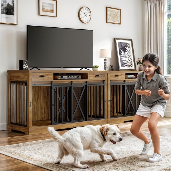 ポンゴ エンチャンテッド 63 Inch Double Dog Crate TV Stand with Charging Station - Bed Bath