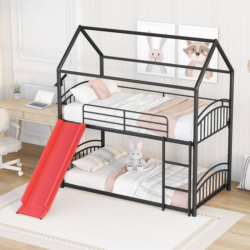 Twin over Twin Bunk Bed, Sturdy Metal Frame Kids House Bed with Slides