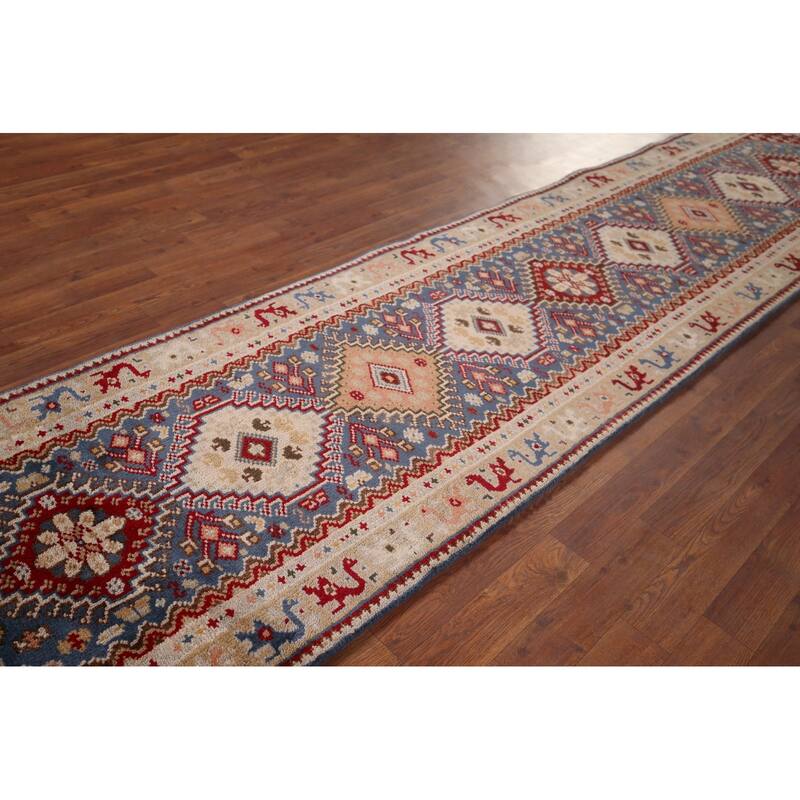 Blue Geometric Khotan Oriental Runner Rug Hand-Knotted Wool Carpet - 2'7"x 11'9"