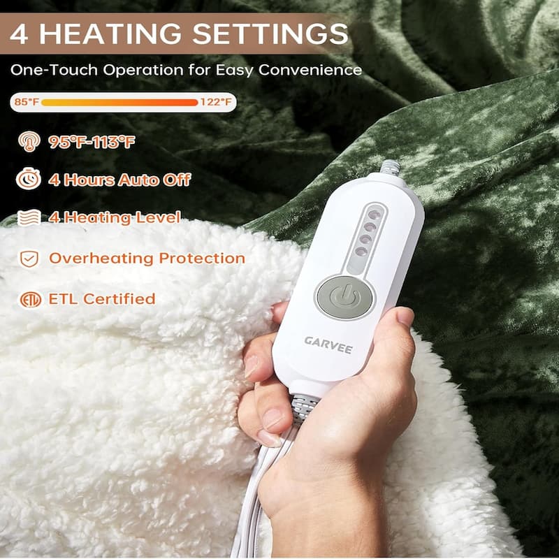 Fast-Heating Electric Blanket, 4 Heat Levels, 4-Hour Auto Shutoff, Green