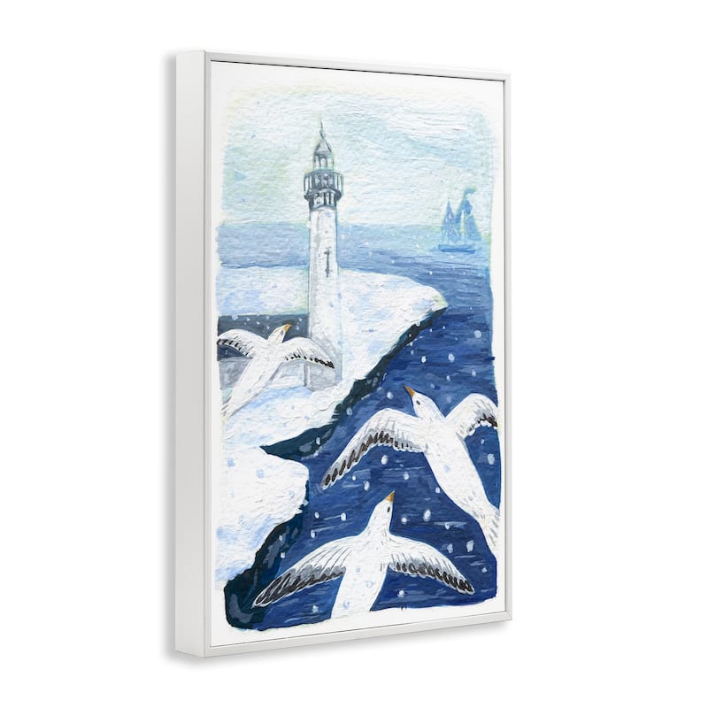 Stupell Snowy Winter Harbor Birds Framed Giclee Art Design By Hannah Moren