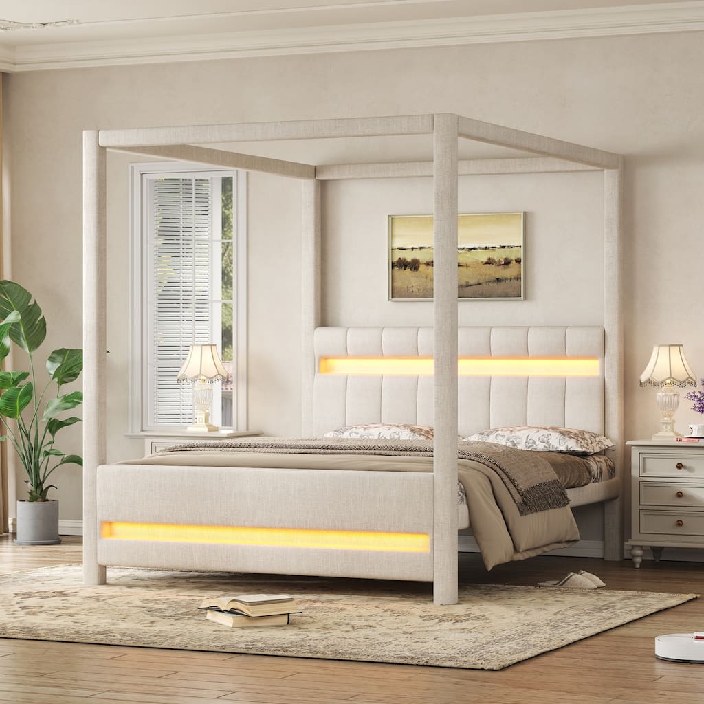 GDFStudio - Upholstered Canopy Platform Bed Frame with LED Light and Headboard