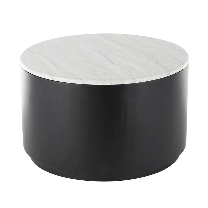 Black Metal Pedestal Coffee Table with Faux White Marble Top On Sale