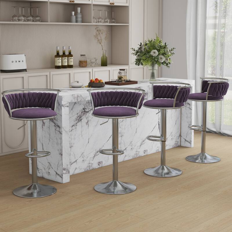 4 Set Velvet Adjustable Swivel Bar Stools With Backs - Set of 4 - Purple Silver 4Set