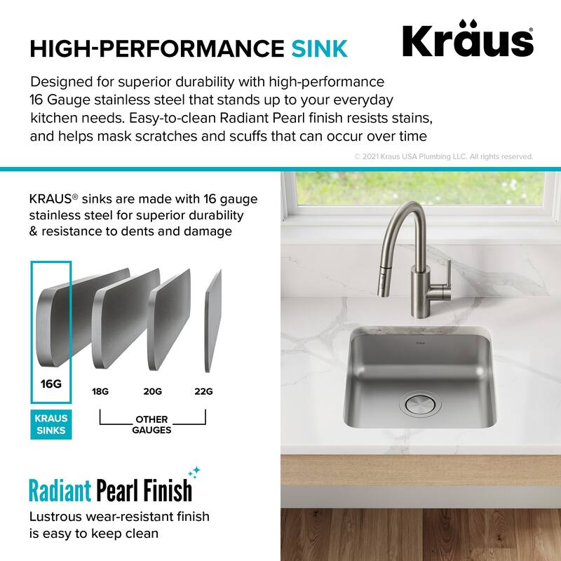 Kraus Dex 17" Undermount Single Basin 16 Gauge Stainless Steel Kitchen