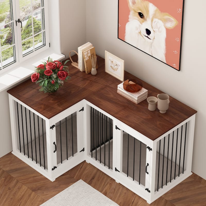Large Corner Dog Crate Furniture for 2 Dogs, L Shape Dog Crate Cage - 58.7"X41.1"