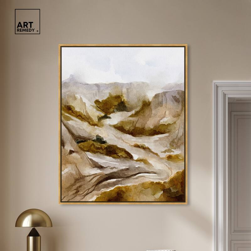 Art Remedy Winter End Rock Mountain Framed Landscape 1 Piece Canvas Wall Art Watercolor Style