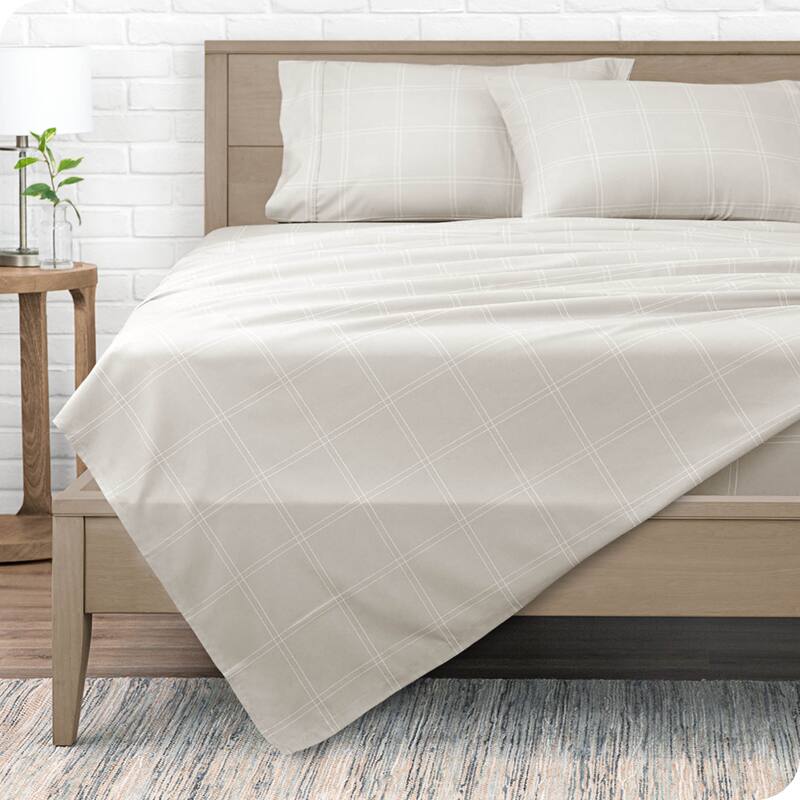 Bare Home Double Brushed Deep Pocket Printed Sheet Set - King - Modern Plaid - Stone/White