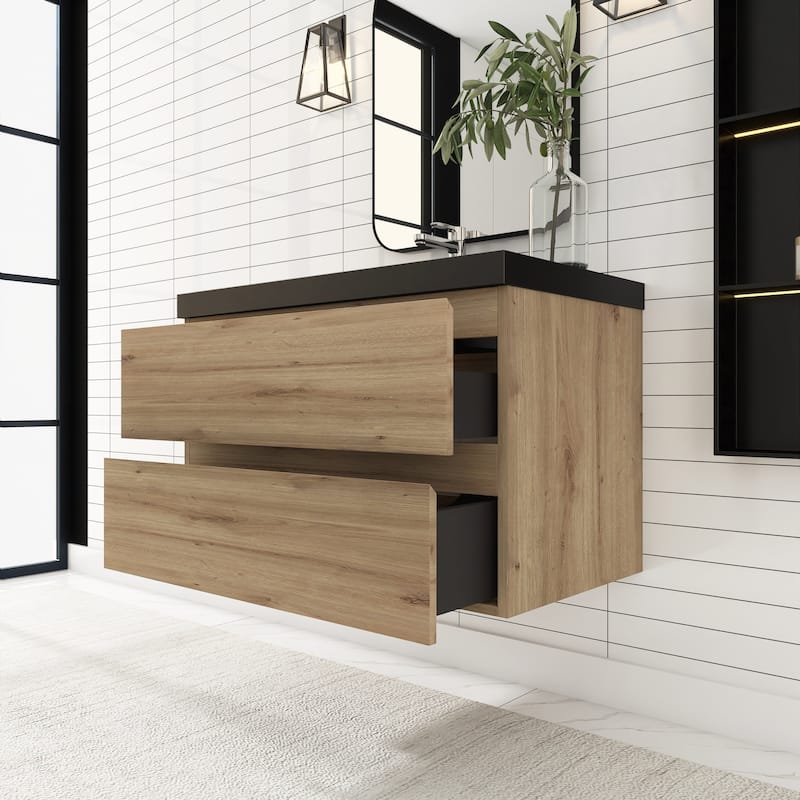 24/30/36 inch Wall-Mounted Bathroom Vanity Set in F. Oak with Integrated Black Resin Sink