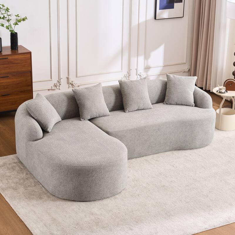 L-Shaped Sectional Sofa with Curved Chaise, Chenille Boneless Cloud Sofa, Modular 4-Seater Sofa with 4 Throw Pillows