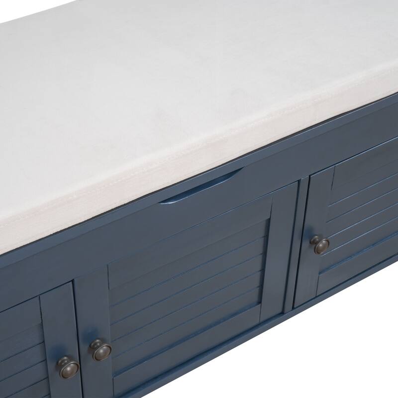 Storage Bench with 3 Shutter-shaped Doors, Shoe Bench with Removable Cushion and Hidden Storage Space
