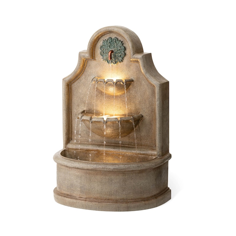 Glitzhome 37.25"H Oversized 3-Tier Single Spout European Style Polyresin Wall Fountain with LED Lights
