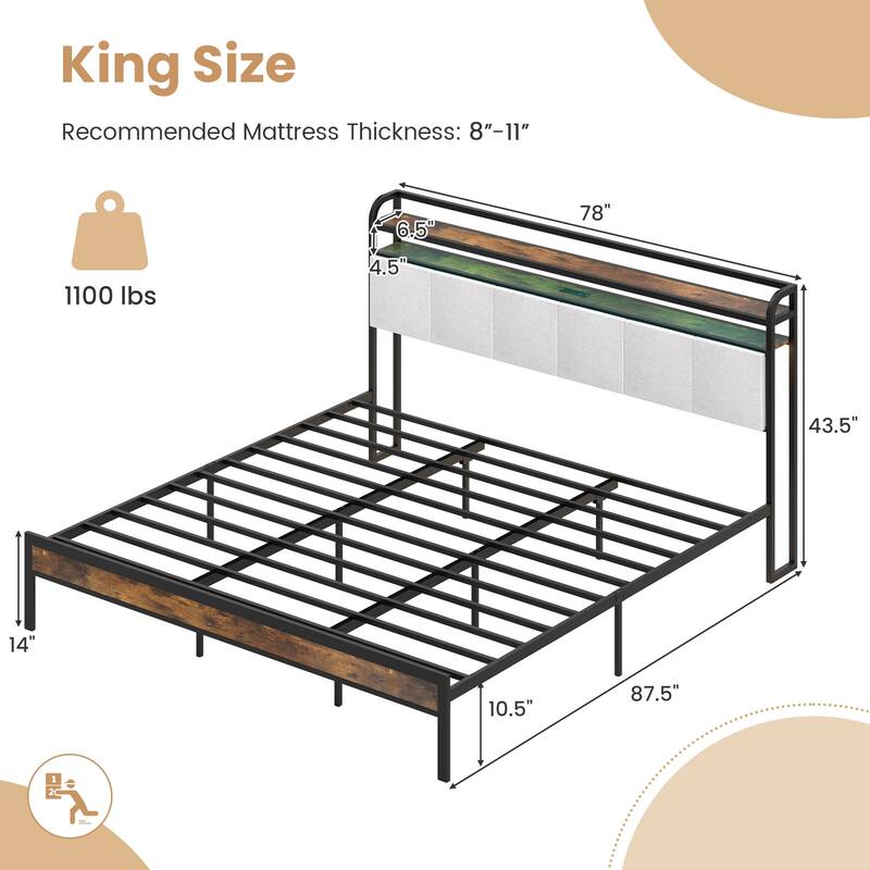 Gymax King Size Bed Frame w/LED Light & Charging Station Heavy Duty