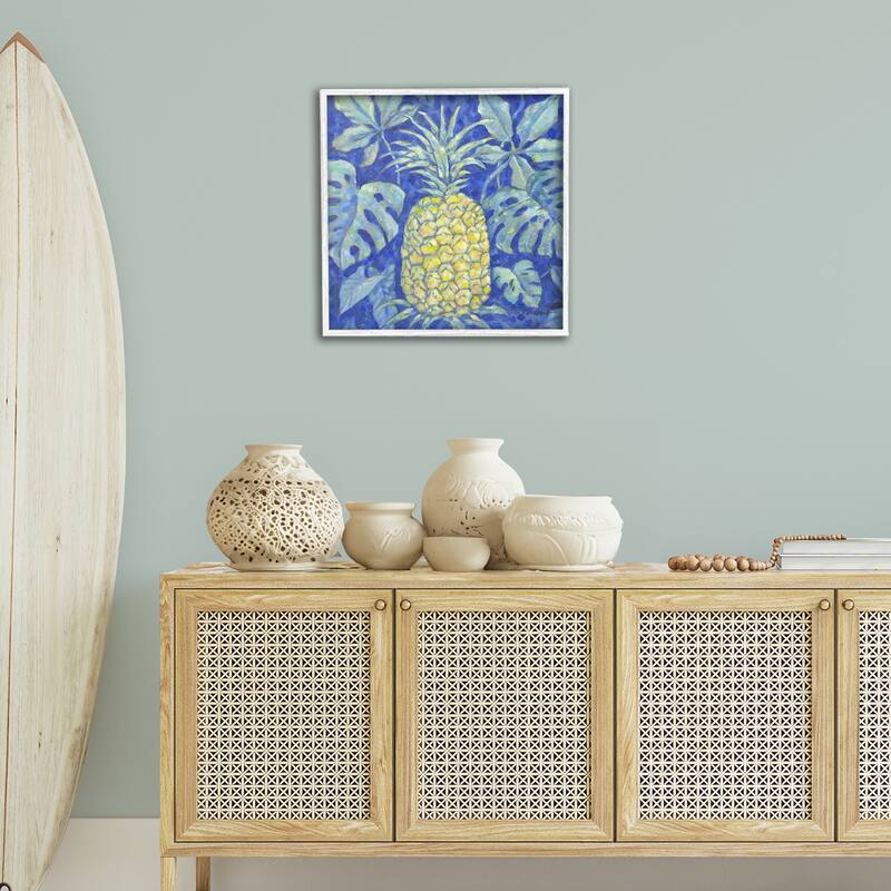 Stupell Tropical Pineapple on Blue Framed Giclee Art Design By Paul Brent