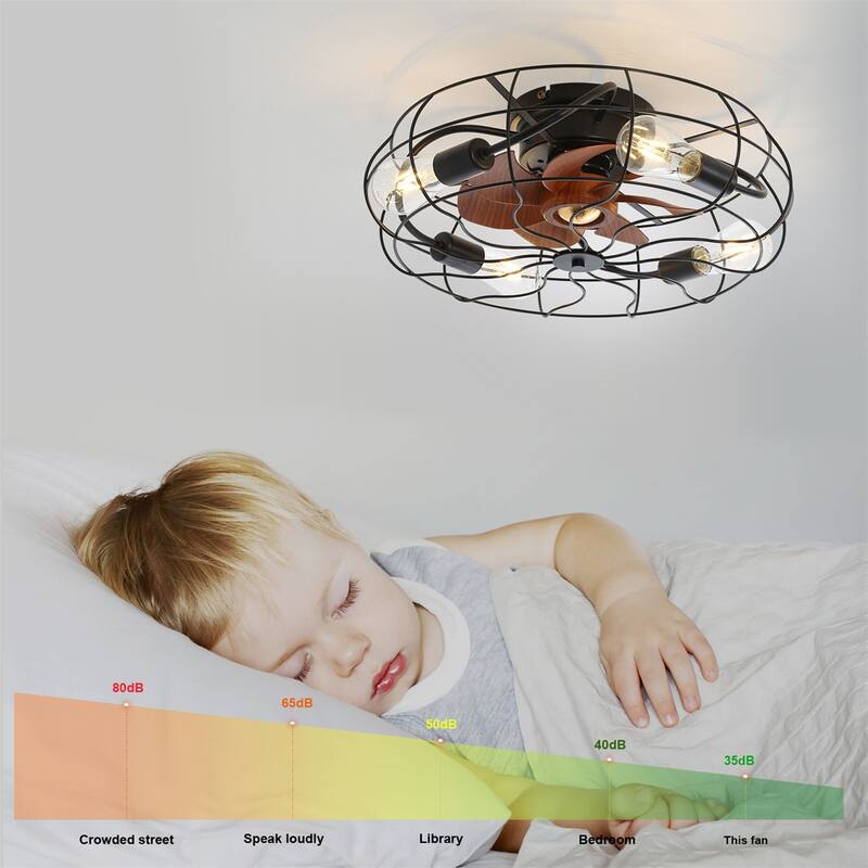 20 inch Flush Mount Ceiling Fan Light with Remote Caged Farmhouse Fandelier Black Wood Low Profile