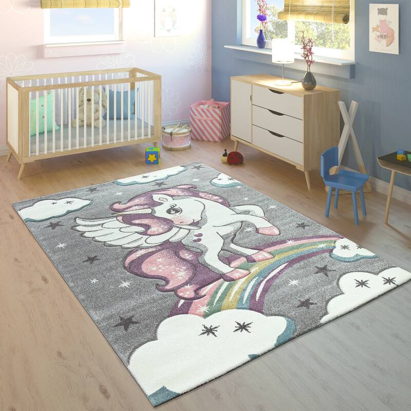 Kids Rug for Nursery Enchanted Unicorn and Rainbows in the Sky - 2'8" x 4'11" - Grey