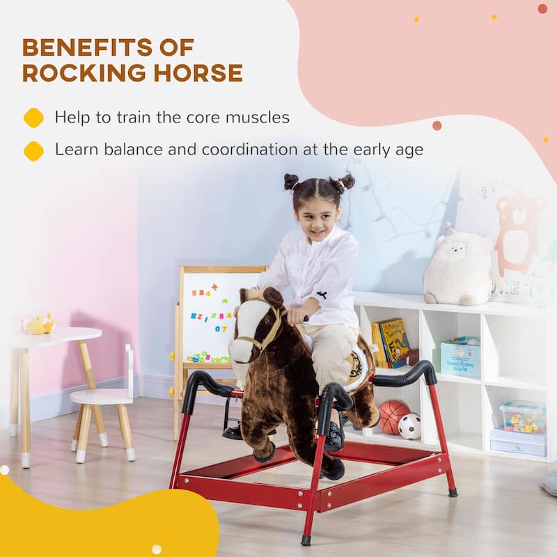 Qaba Kids Spring Rocking Horse, Ride on Horse for Girls and Boys with Animal Sounds, Plush Horse Ride-on with Soft Feel