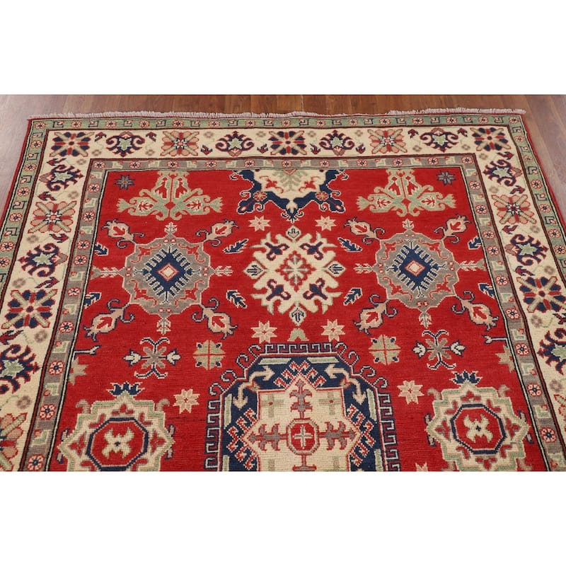Geometric Red Kazak Oriental Rug Hand-Knotted Living Room Wool Carpet - 5'0" x 6'8"