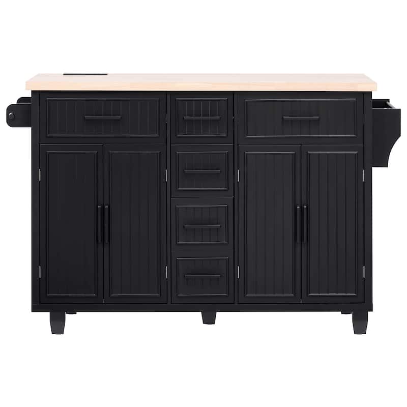 Rolling Kitchen Island with Drop Leaf & Power Outlet, Mobile Kitchen Cart on Wheels, Coffee Bar Cabinet with 4 Doors & 5 Drawers
