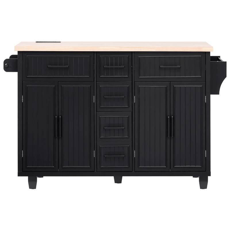 Roomfitters 56.5" Rolling Kitchen Island with Drop Leaf, Mobile Cart with Power Outlets, 5 Drawers & Embossed Barn Doors, Black