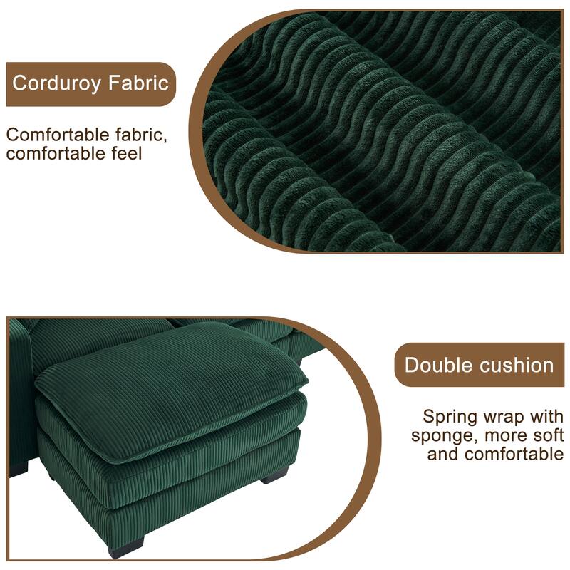Modern U Shaped 6-seat Sectional Corduroy Sofa Couch with one Ottoman and three toss pillows ,Modular Sofa for Living Room