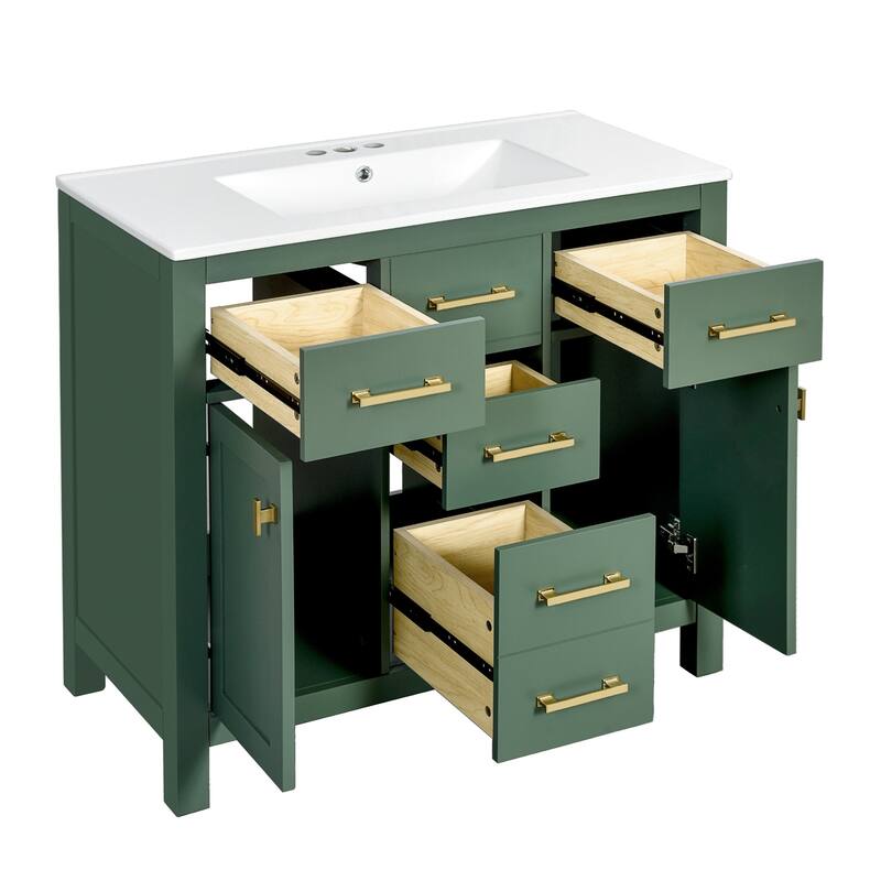 36" Bathroom Vanity with Ceramic Sink Set- Solid Wood Frame, Freestanding Storage Cabinet