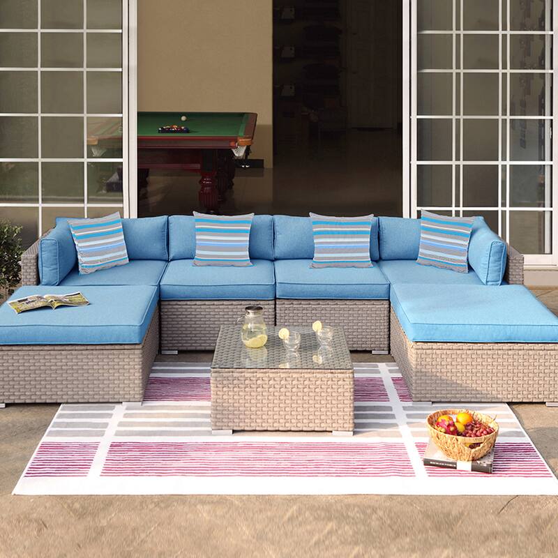 COSIEST 7-Piece Outdoor Patio Wicker Sectional Sofa with Coffee Table