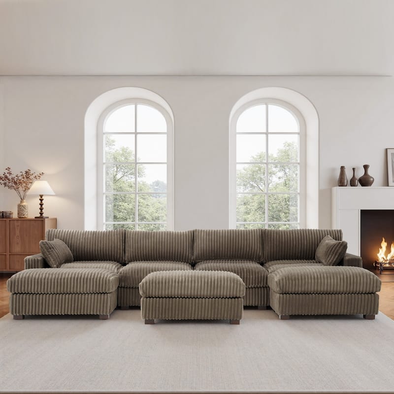 Oversied Plush Corduroy Fabric Modular Sectional Sofa with Chaise, Ottoman