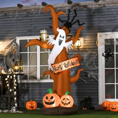 HOMCOM 9 ft. Light-Up Happy Halloween Decoration with Inflatable Ghost-Haunted Halloween Tree