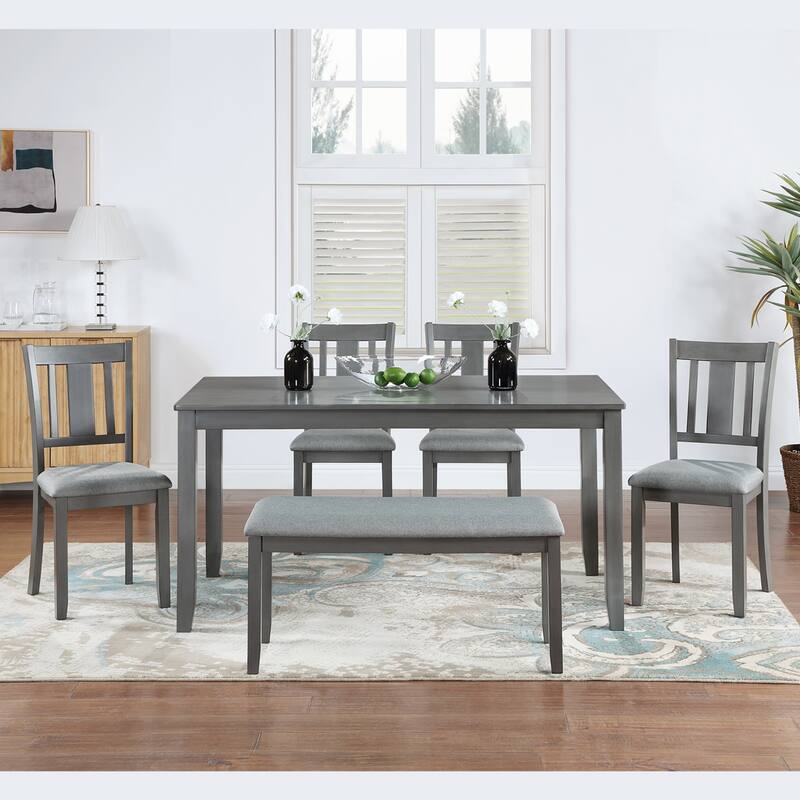 6 Piece Kitchen Dining Table Chairs Set Wooden Rectangular Casual Dining Table with 4 Upholstered Dining Chairs and Bench