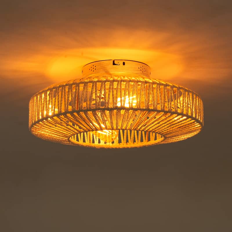 20" Rope Caged Ceiling Fans with Remote, Flush Mount Ceiling Fan with Light, Low Profile Chandelier 6 Speed DC Motor