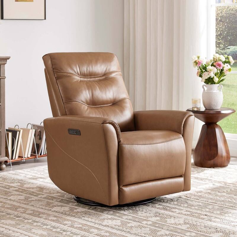 Spruce & Spring Genuine Leather Swivel Glider Recliner with Power Lumbar Support
